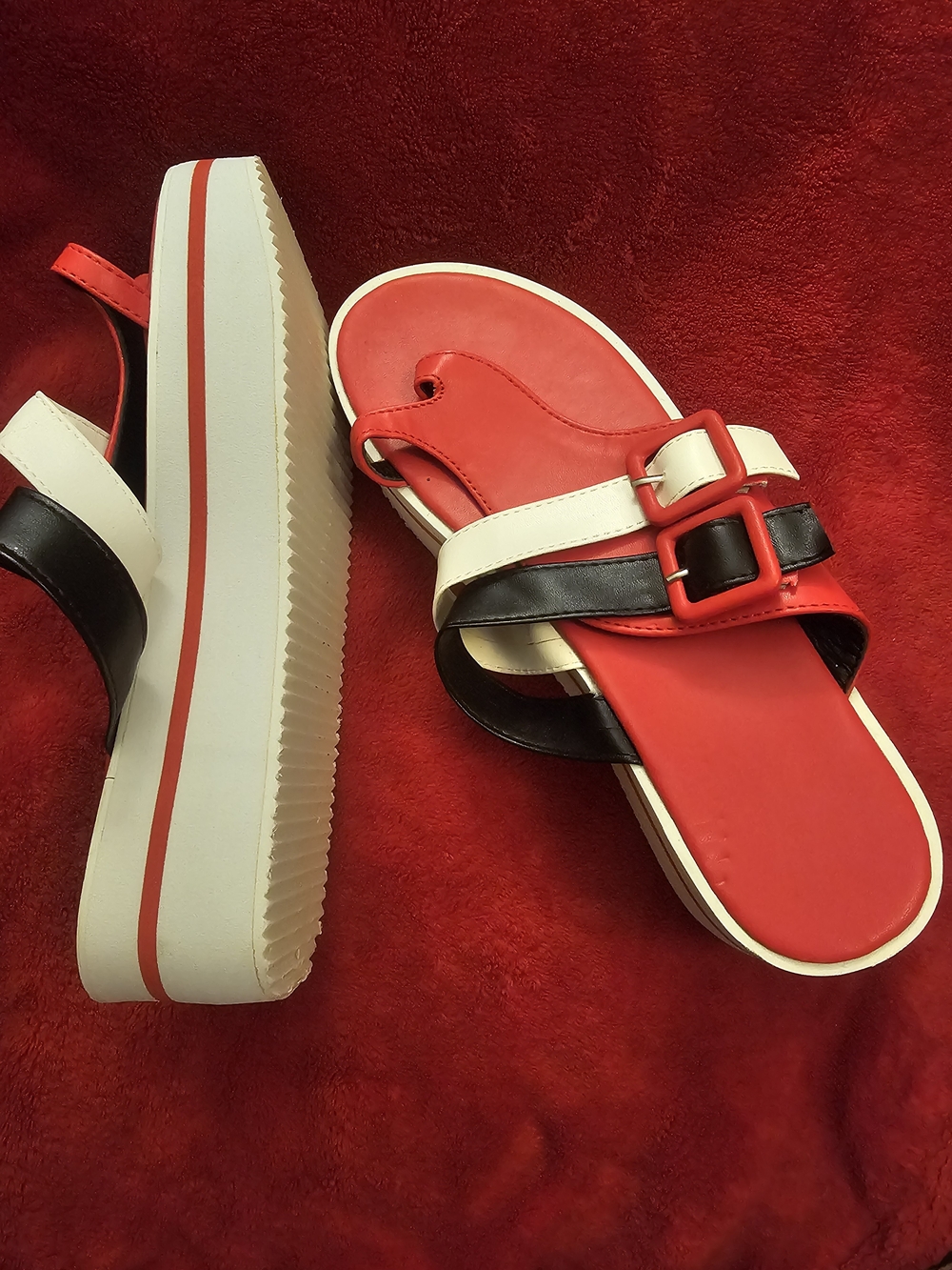 Red Triple-Strap Platform Sandals with Contrast Buckle - Women